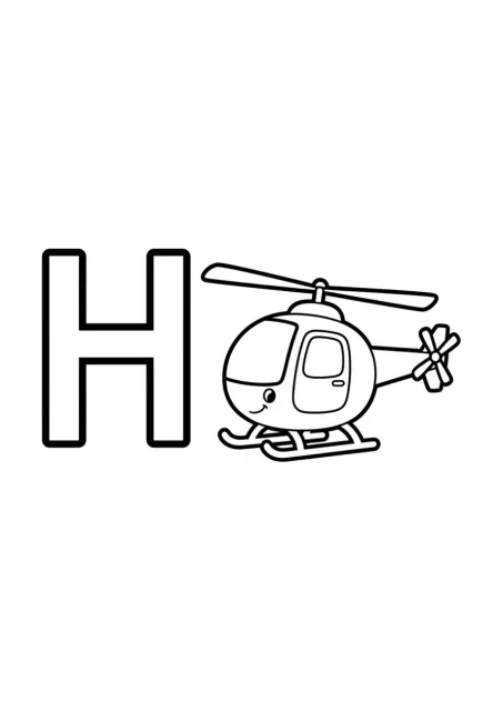 Desenho para colorir com uma grande letra H maiúscula ao lado de um helicóptero simples com cabine, rotor principal, rotor de cauda e patins de pouso