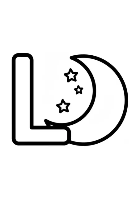 Desenho para colorir com a letra maiúscula L e uma lua crescente com pequenas estrelas, da série do alfabeto português