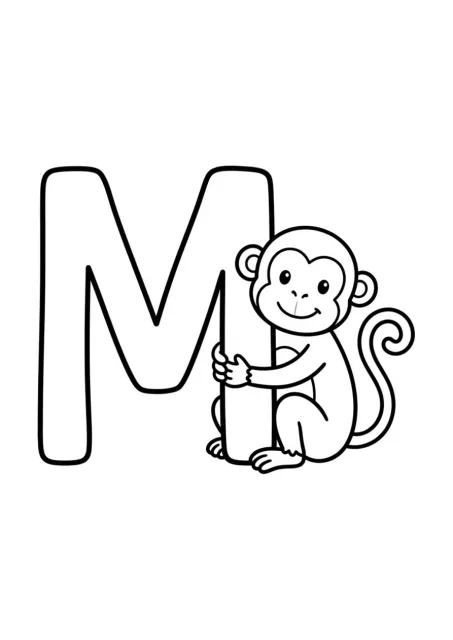 Letra M maiúscula grande e legível ao lado de um macaco simples, sem a palavra Macaco desenhada.