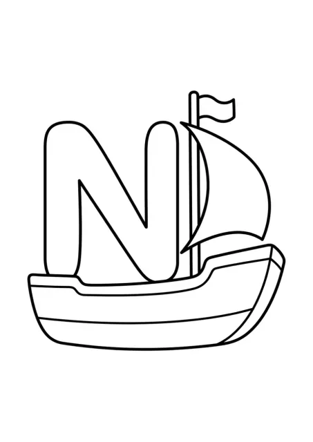 Letra N maiúscula grande e bem definida com um navio simples ao lado, sem a palavra Navio escrita