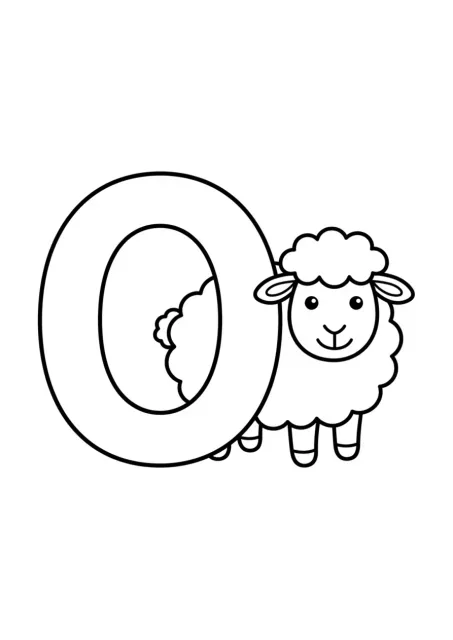 Letra O grande e perfeitamente legível com uma ovelha simples para atividade pré-escolar.