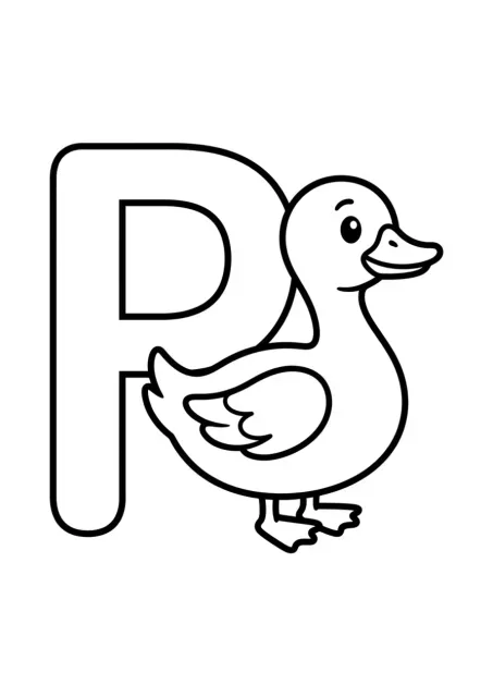 Letra P maiúscula grande e nítida ao lado de um pato simples, sem a palavra escrita.