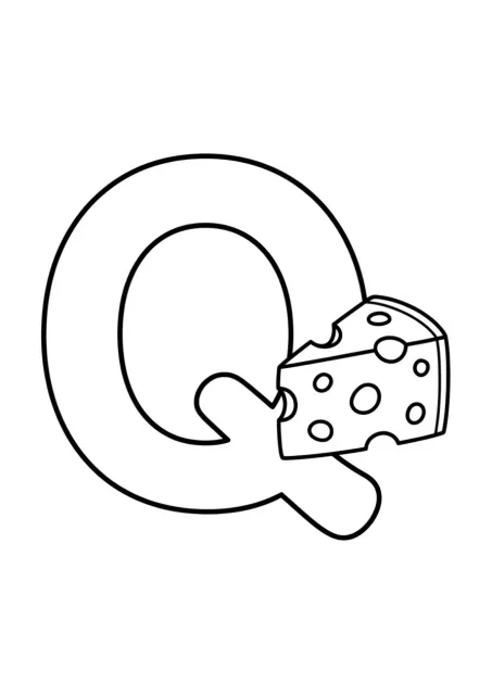 Letra Q maiúscula grande ao lado de um único queijo simples para colorir.