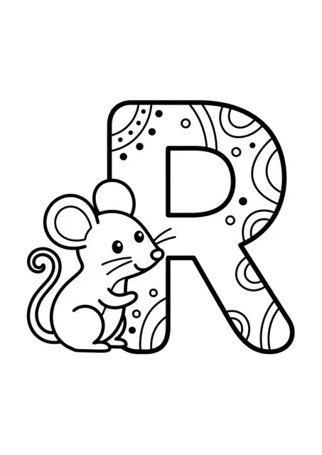 Letra R maiúscula grande e bem desenhada ao lado de um rato simples em linhas para colorir.