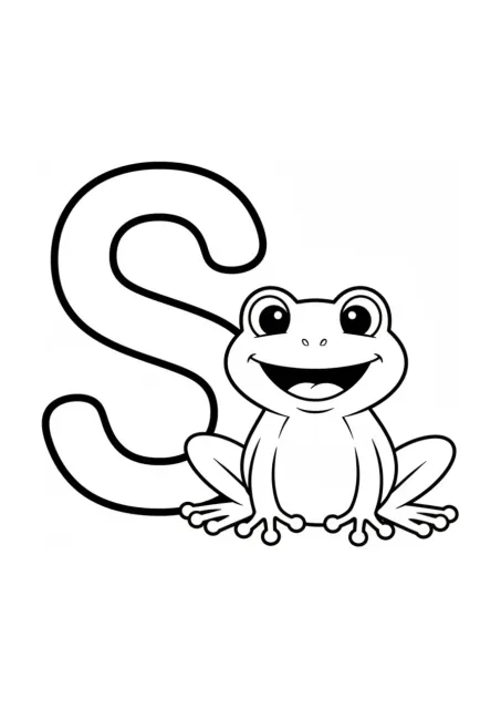 Desenho para colorir com a letra S maiúscula grande e um sapo de desenho animado com olhos grandes e saltados, boca larga, corpo atarracado e pés palmados.