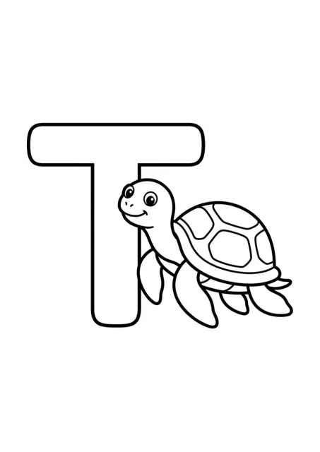 Desenho para colorir com a letra T em Português e Tartaruga em linhas preto e branco