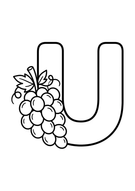 Desenho educativo para colorir com uma letra U maiúscula grande e uma uva simples, sem a palavra escrita.