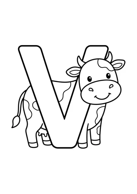 Letra V maiúscula grande ao lado de uma vaca simples, sem a palavra Vaca desenhada.