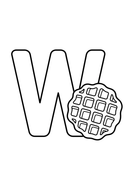 Letra W maiúscula grande e claramente legível ao lado de um waffle simples, sem a palavra escrita.