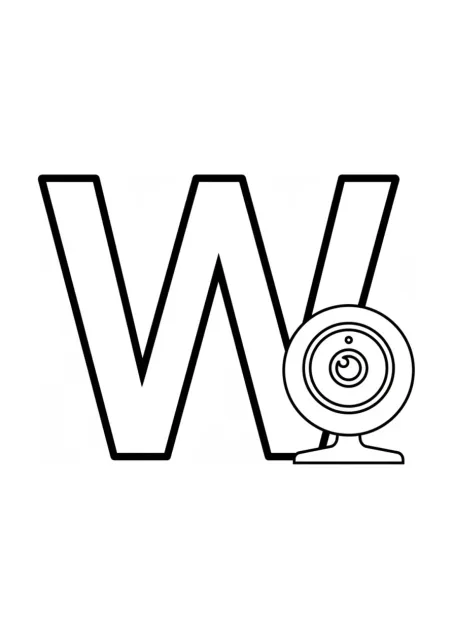 Desenho para colorir com uma grande letra W maiúscula ao lado de uma webcam simples com lente circular e clipe ou pequeno suporte, em fundo branco.