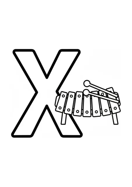Desenho para colorir com uma grande letra X maiúscula ao lado de um xilofone com barras em diferentes tamanhos e duas baquetas, sem moldura ou texto