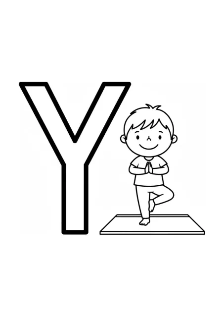 Página para colorir com uma grande letra Y maiúscula e uma criança sorridente sobre um tapete a fazer a pose da árvore de yoga