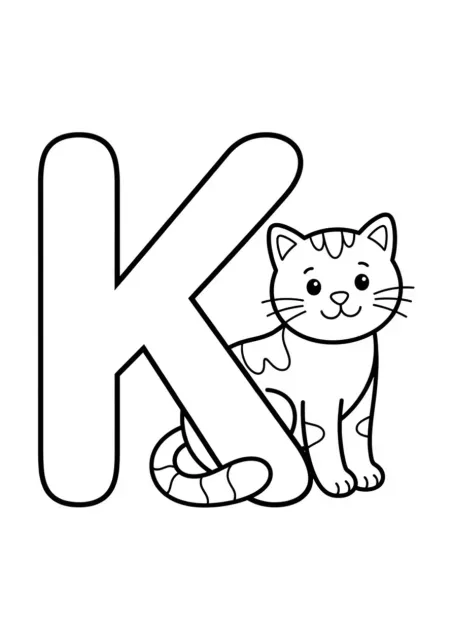 Büyük ve net bir K harfi ile yanında tek, sade bir kedi bulunan okul öncesi çalışma görseli.