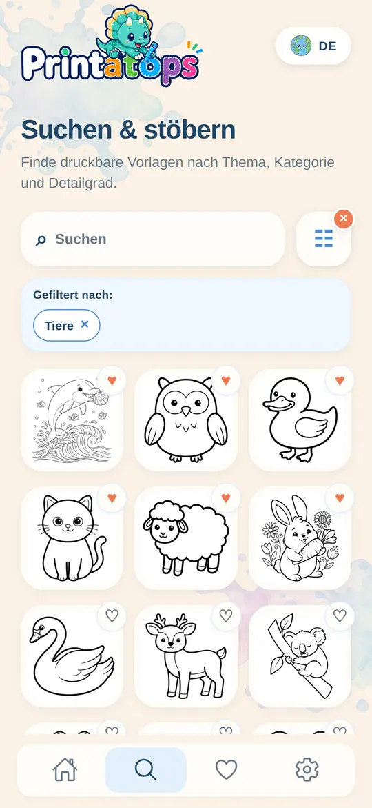 Printatops-Suche mit Tier-Ausmalbildern und markierten Favoriten