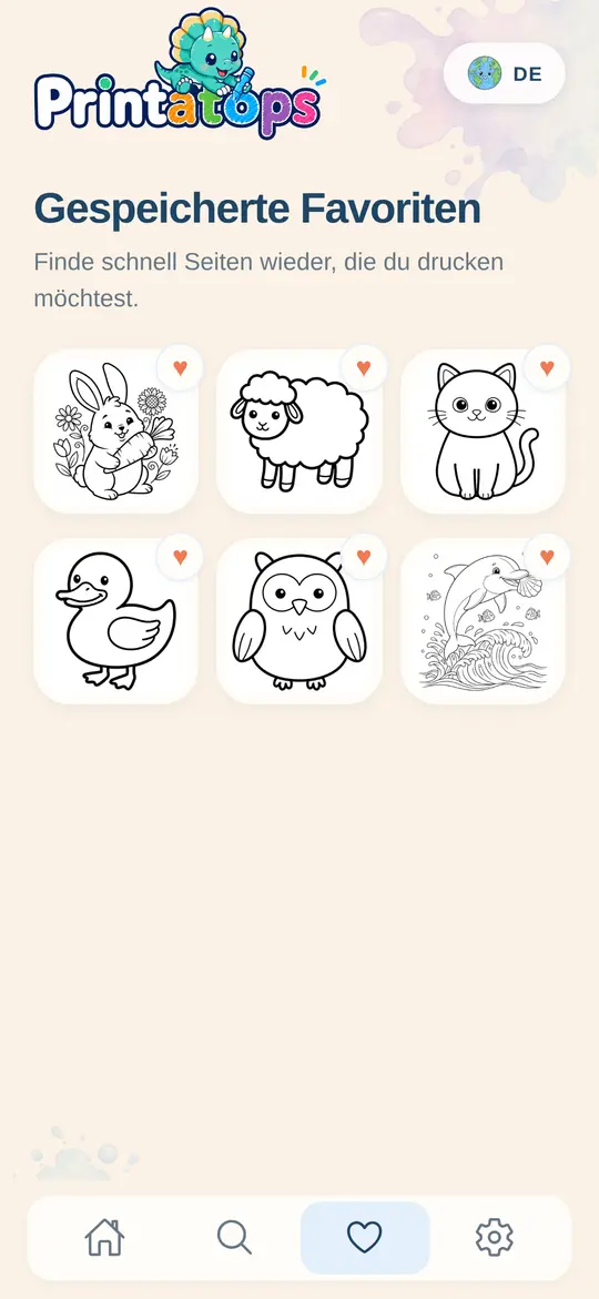 Gespeicherte Favoriten in Printatops: Hase, Schaf, Katze, Ente, Eule und Delfin