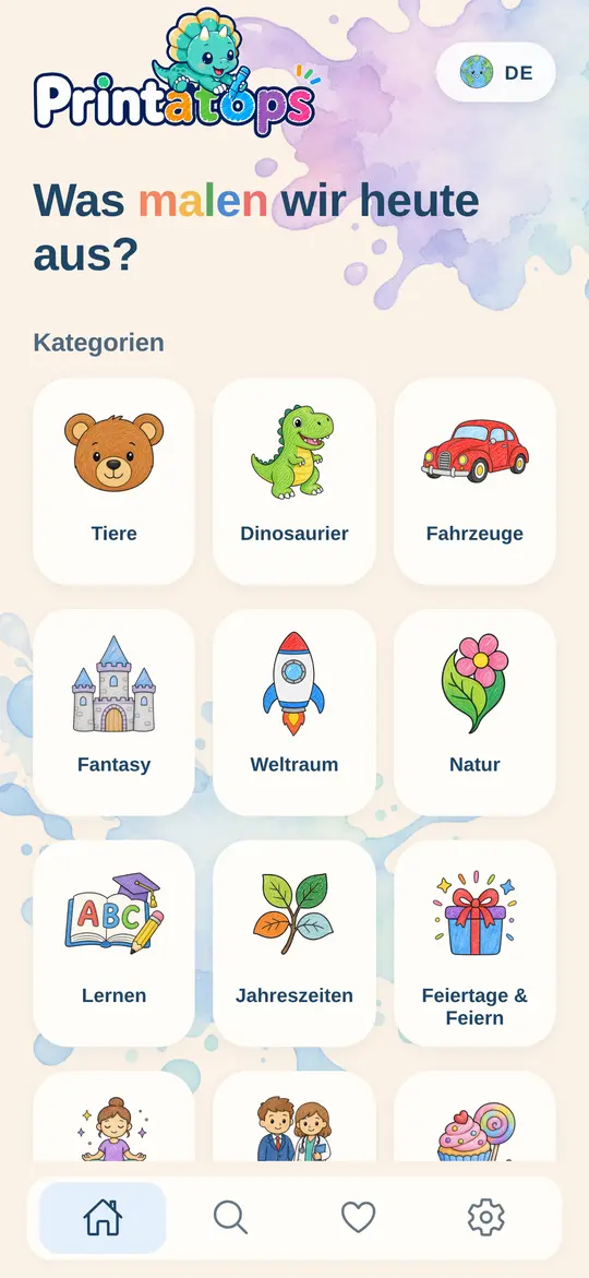 Printatops-Startseite mit Kategorien wie Tiere, Dinosaurier und Fahrzeuge