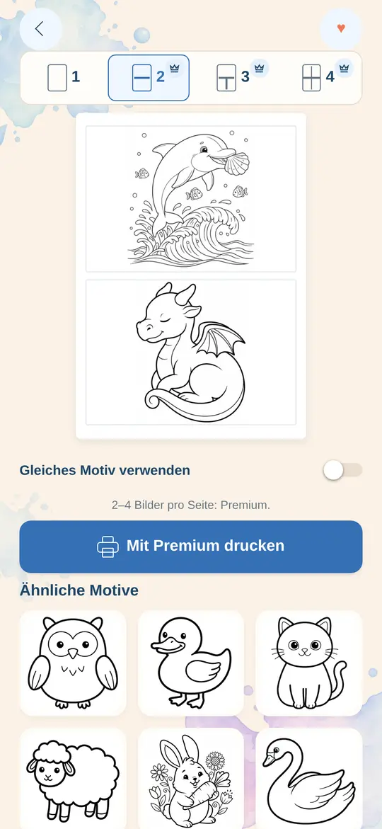 Mehrfachdruck in Printatops: Delfin und schlafendes Drachenbaby auf einem Blatt