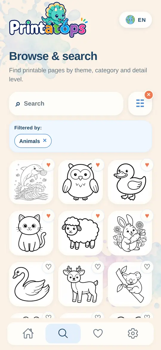 Printatops search with animal coloring pages and saved favorites