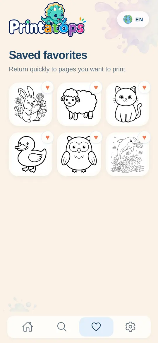 Saved favorites in Printatops: bunny, sheep, cat, duck, owl and dolphin