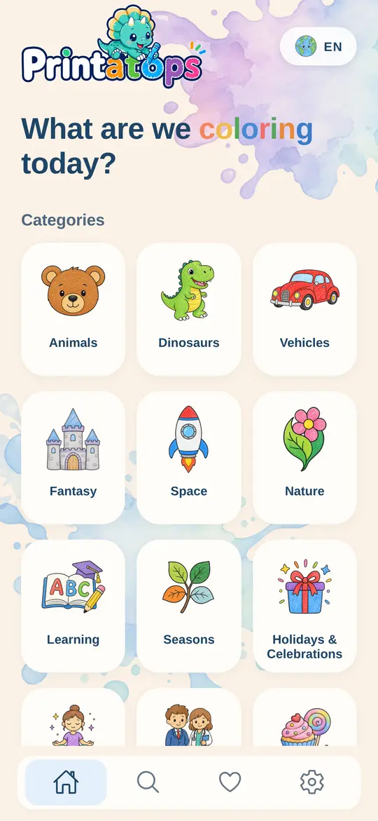 Printatops home screen with categories such as animals, dinosaurs and vehicles