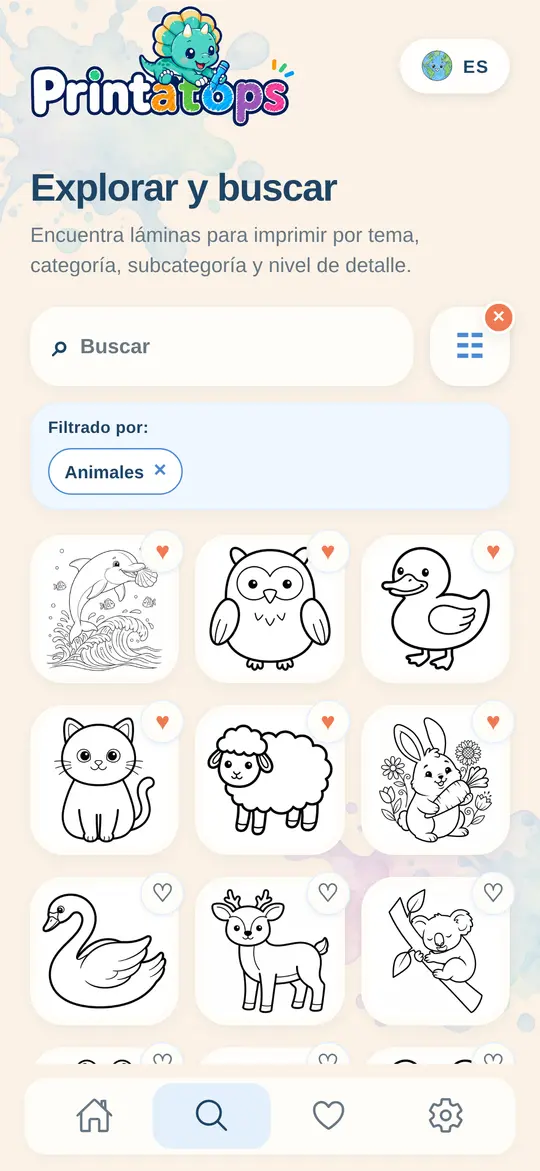 Búsqueda de Printatops con dibujos de animales y favoritos guardados
