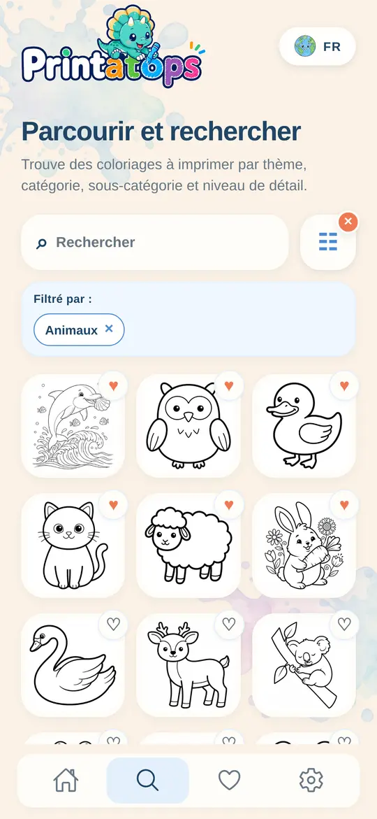 Recherche Printatops avec des coloriages d’animaux et des favoris enregistrés