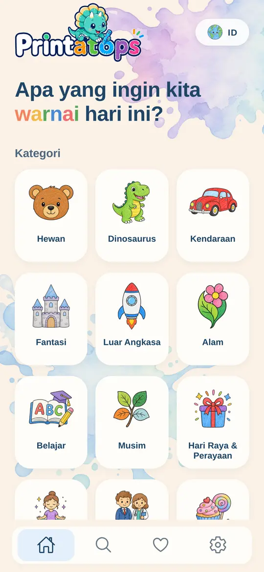 Layar beranda Printatops dengan kategori seperti hewan, dinosaurus, dan kendaraan
