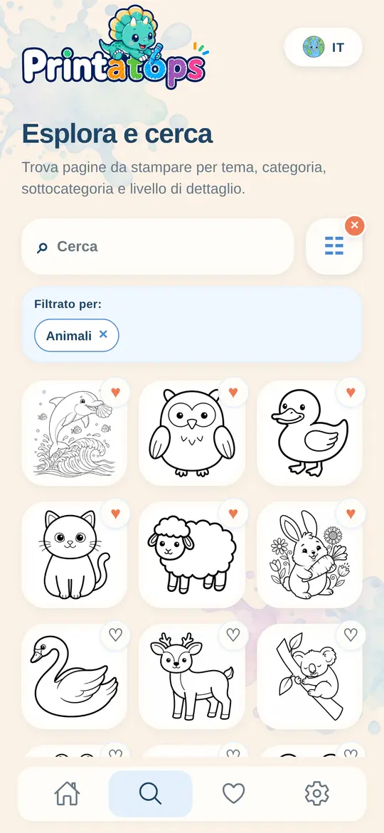 Ricerca di Printatops con disegni di animali e preferiti salvati