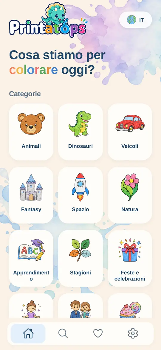 Schermata iniziale di Printatops con categorie come animali, dinosauri e veicoli