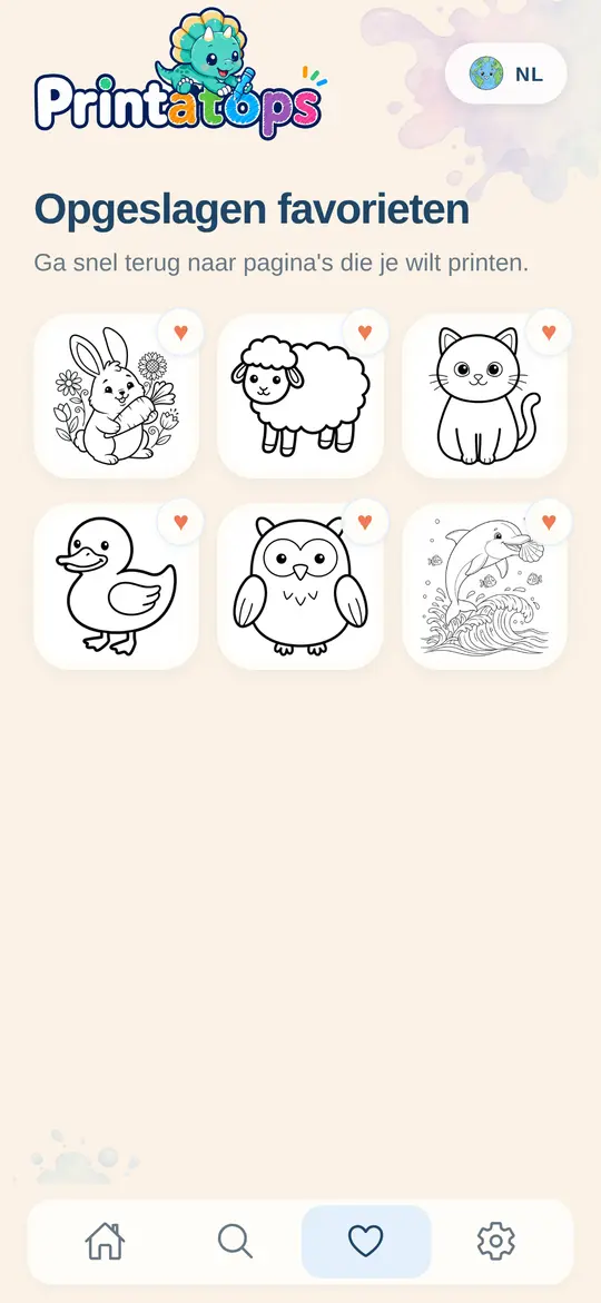 Opgeslagen favorieten in Printatops: konijn, schaap, kat, eend, uil en dolfijn