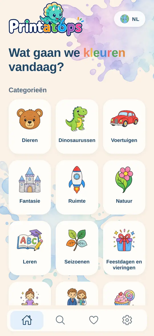 Startscherm van Printatops met categorieën zoals dieren, dinosaurussen en voertuigen
