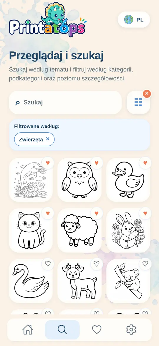 Wyszukiwanie w Printatops z kolorowankami zwierząt i zapisanymi ulubionymi