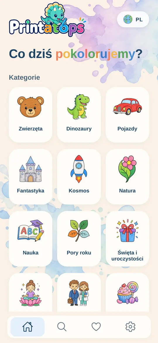 Ekran główny Printatops z kategoriami takimi jak zwierzęta, dinozaury i pojazdy
