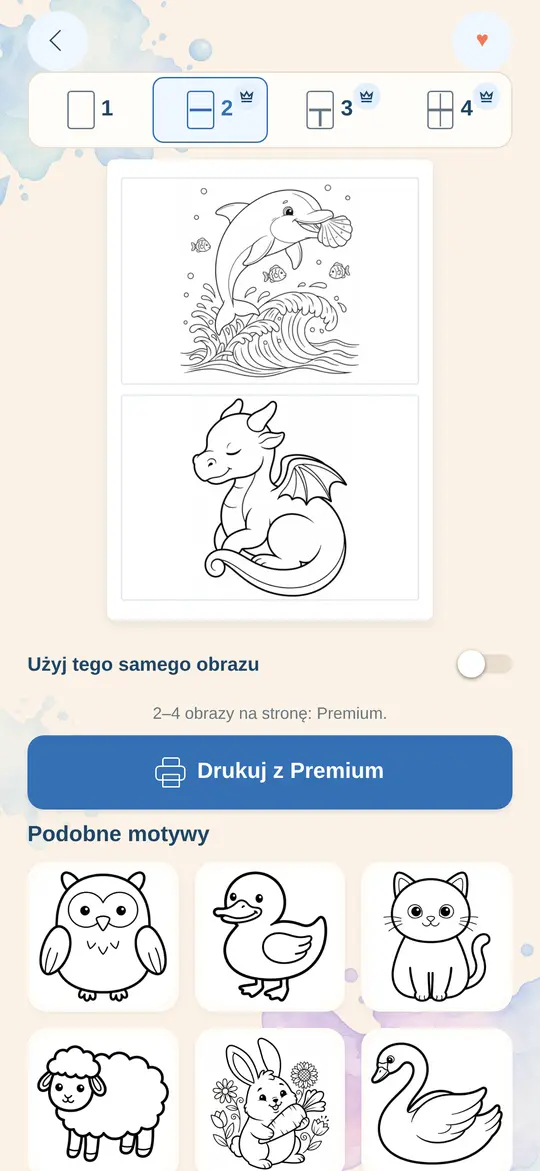 Drukowanie wielu obrazów w Printatops: delfin i śpiący mały smok na jednej kartce