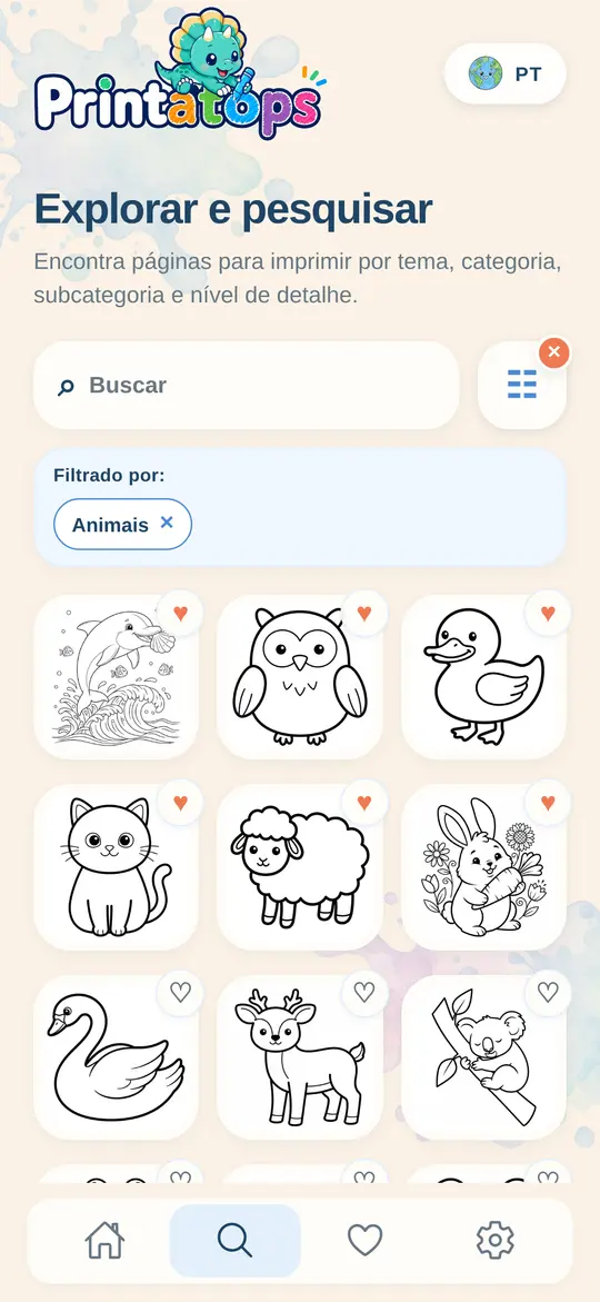 Busca do Printatops com desenhos de animais e favoritos salvos