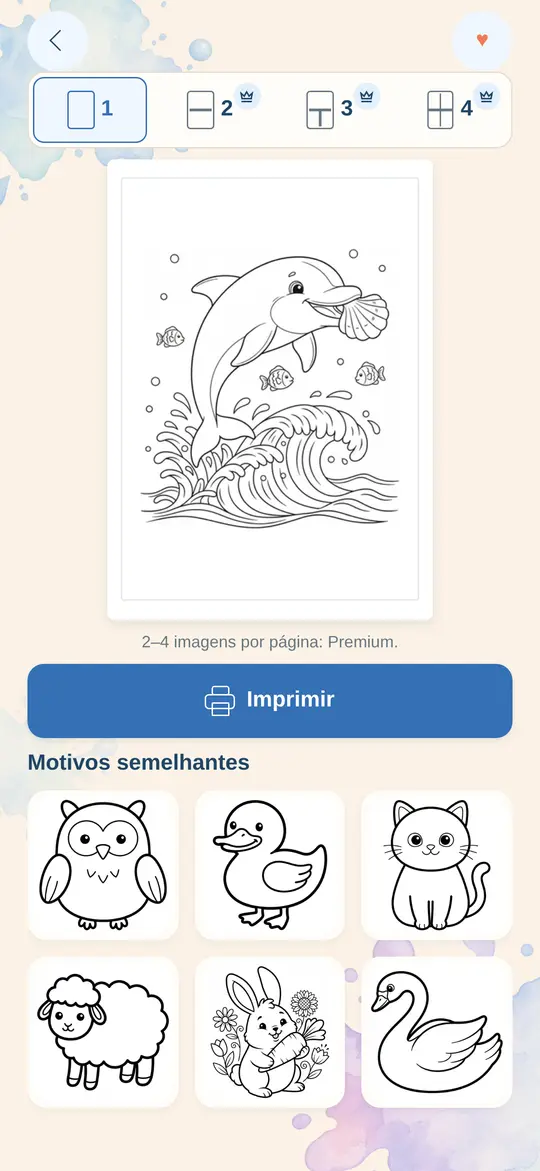 Pré-visualização no Printatops de um golfinho saltando com opção de 1 a 4 imagens por página