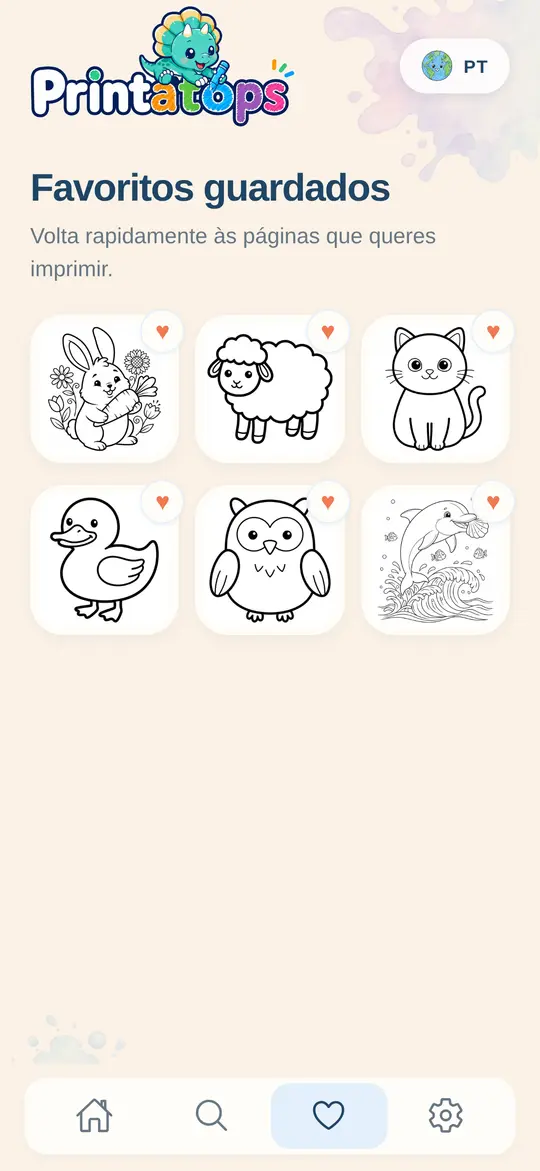 Favoritos salvos no Printatops: coelho, ovelha, gato, pato, coruja e golfinho