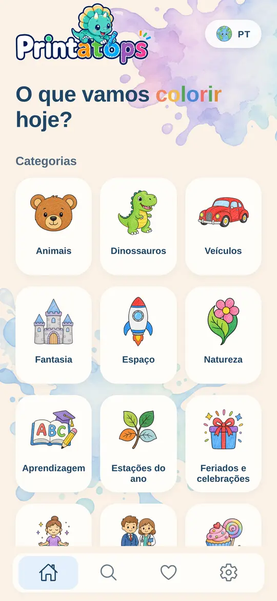 Tela inicial do Printatops com categorias como animais, dinossauros e veículos