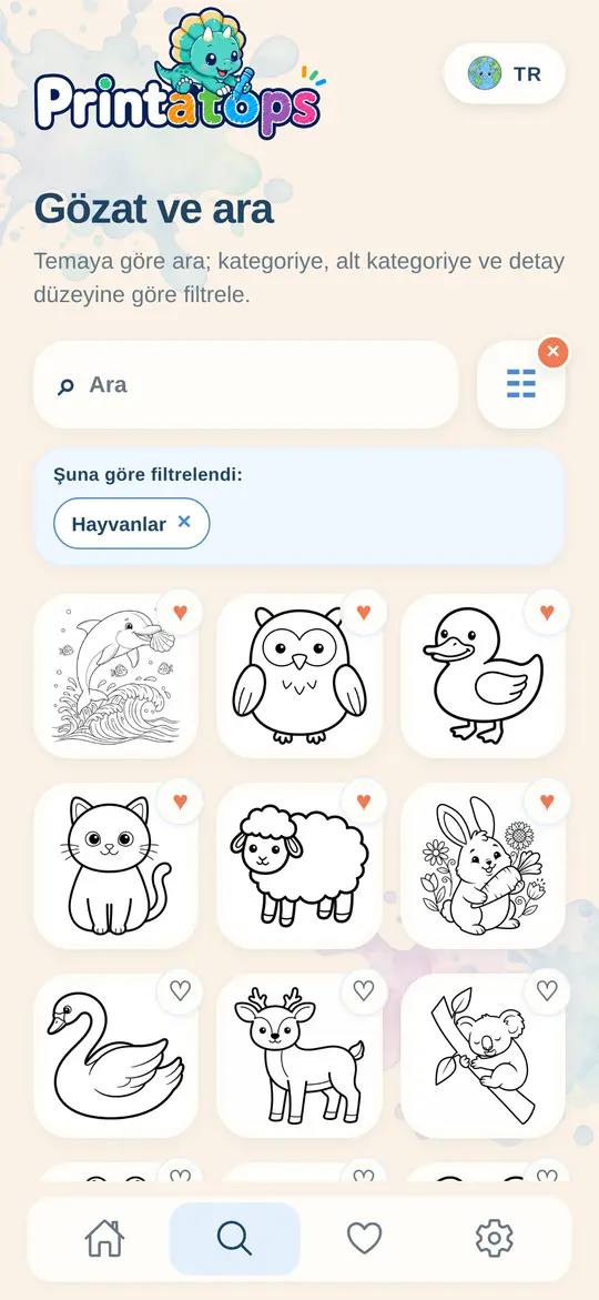 Hayvan boyama sayfaları ve kaydedilen favorilerle Printatops araması