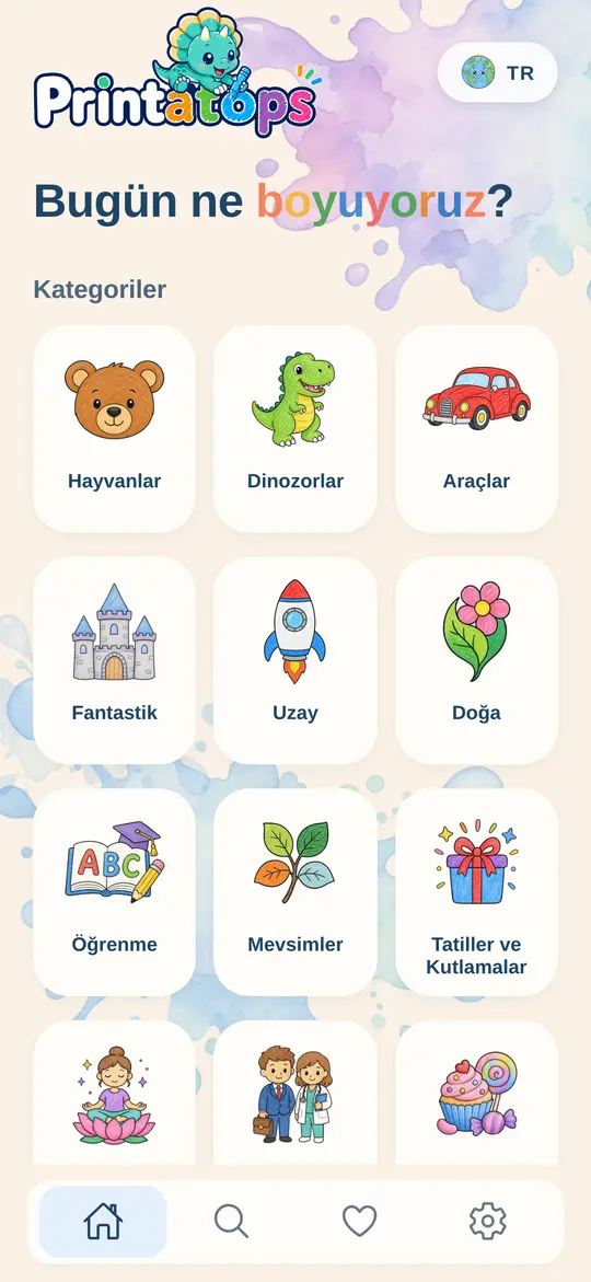 Hayvanlar, dinozorlar ve araçlar gibi kategorilerle Printatops ana ekranı