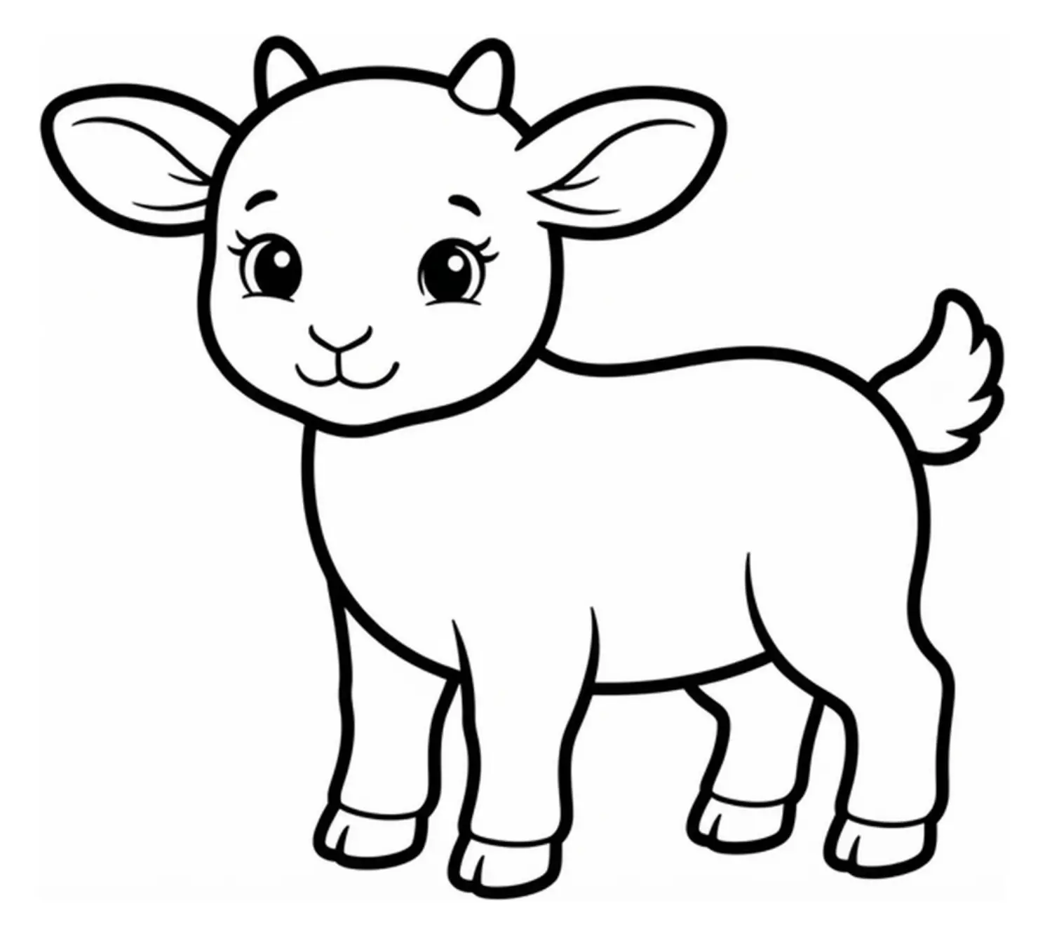 Large simple baby goat drawing on a blank white background with clear outlines for coloring.