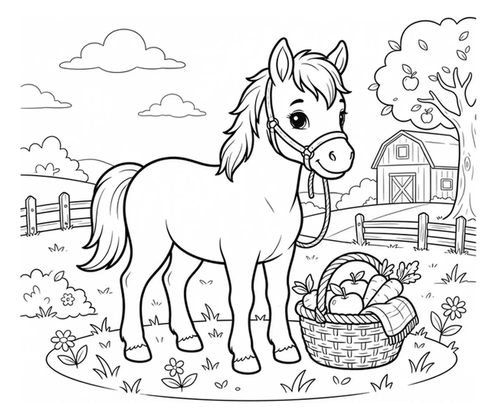 Young foal standing with a small basket in a simple family-friendly coloring scene.