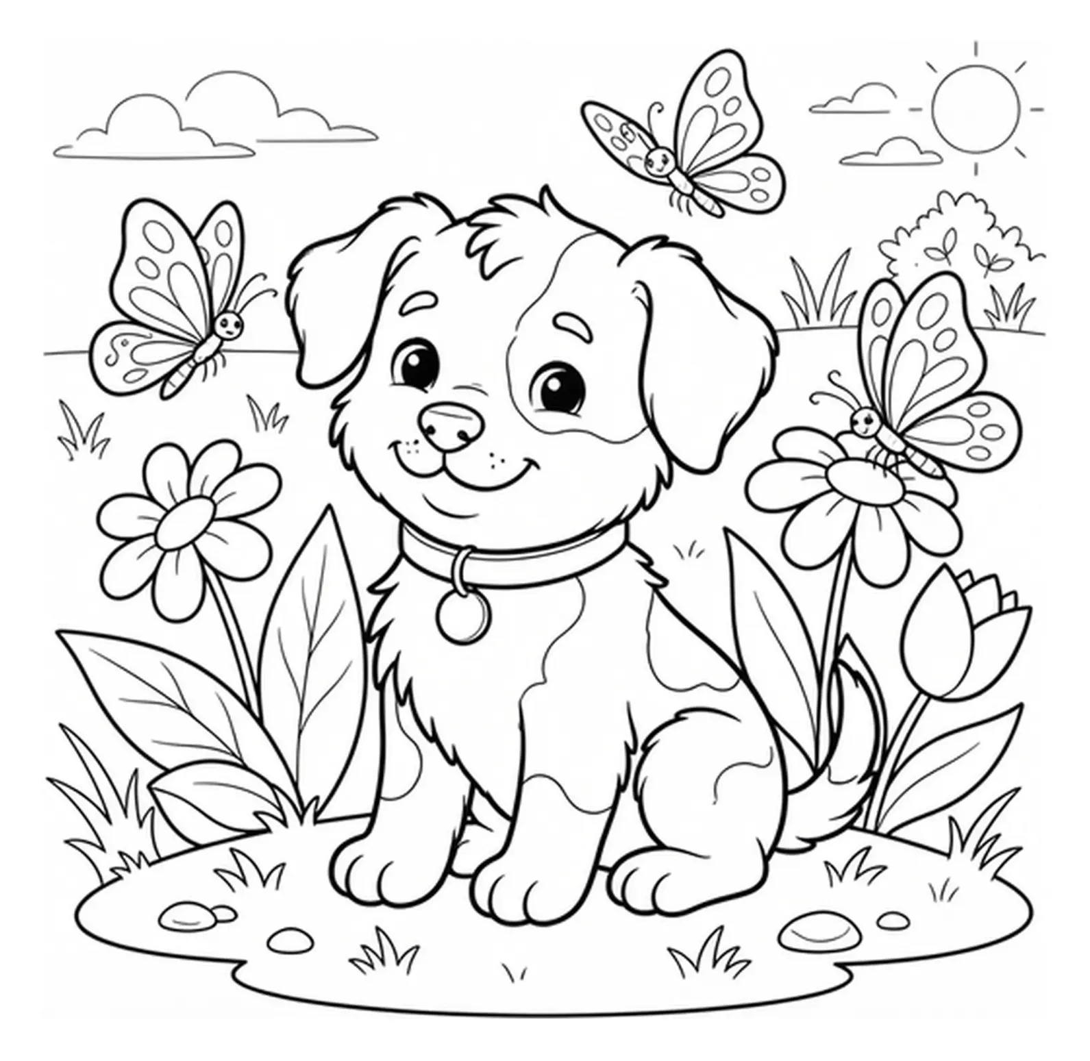 Cute puppy sitting outdoors while several butterflies fly nearby.