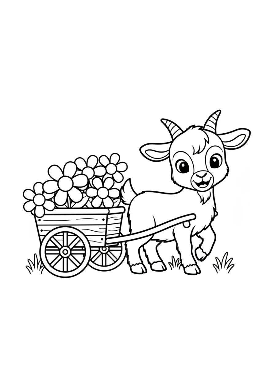 Ausmalbild-Umriss eines Zickleins, das einen kleinen Wagen mit großen Rädern und Gänseblümchen zieht, mit einfachen Grasbüscheln im Hintergrund