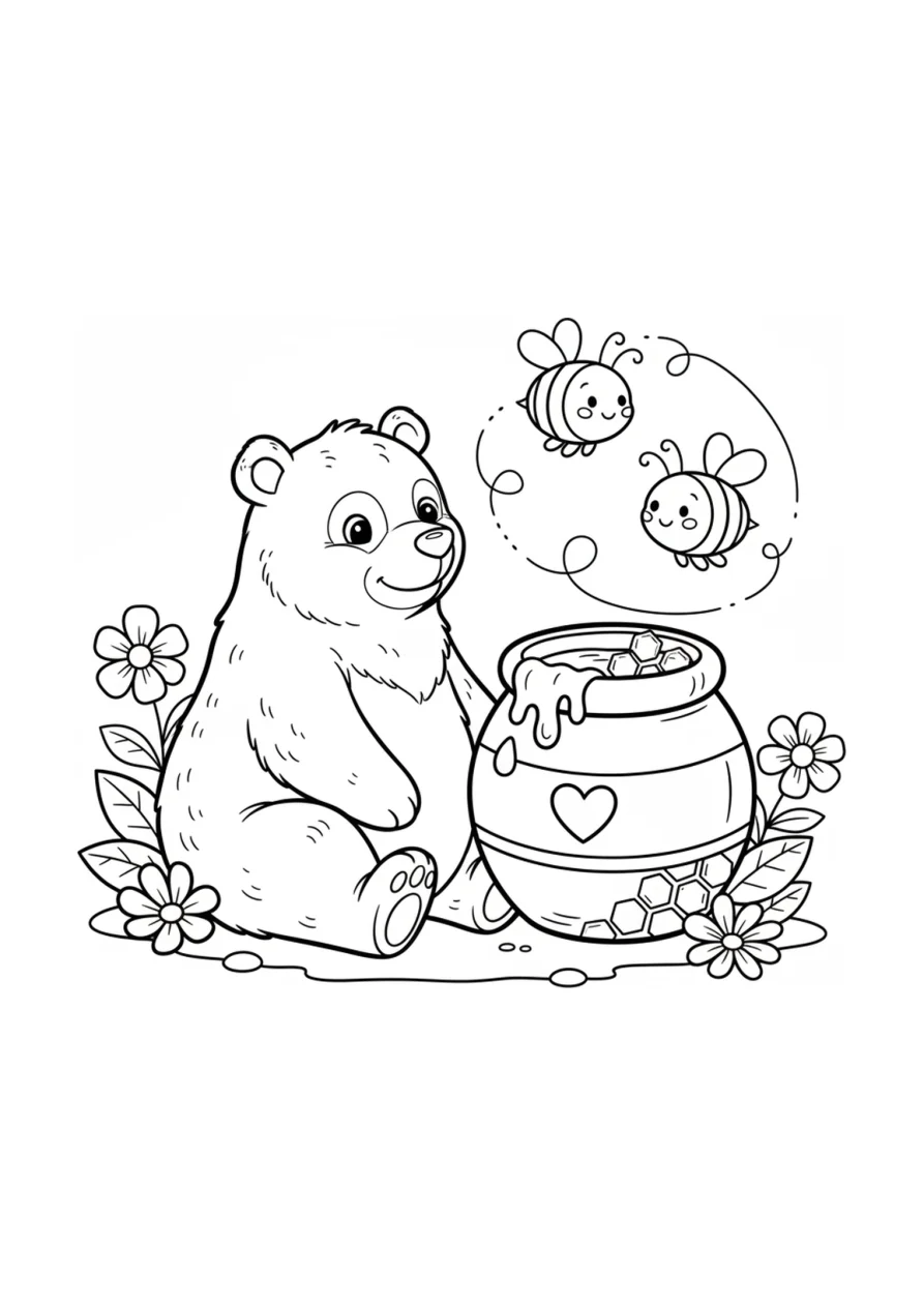 Dessin à colorier d'un ours assis calmement à côté d'un grand pot de miel, avec deux abeilles souriantes qui volent autour de lui.