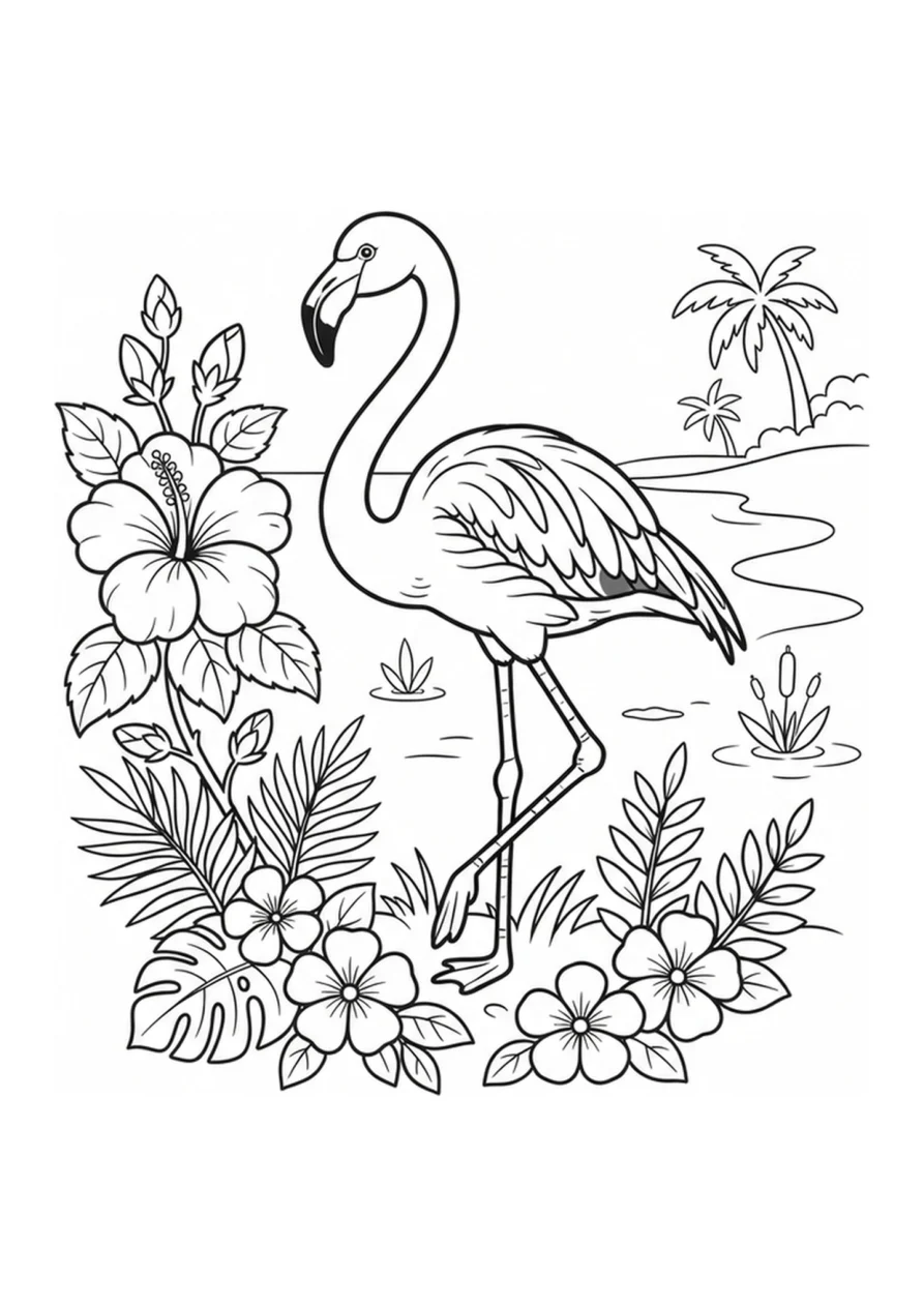 Ausmalmotiv mit einem Flamingo auf langen Beinen, umgeben von Blumen.