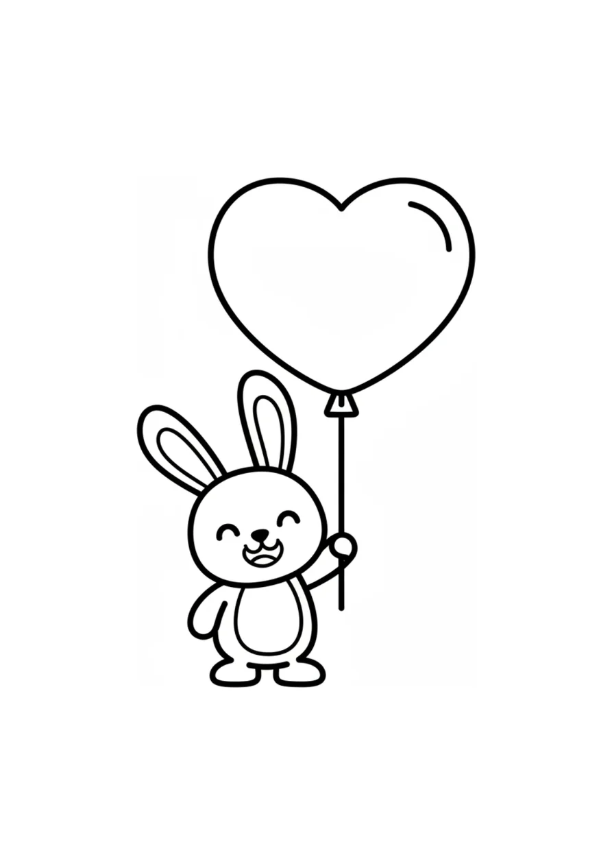 Conejito sonriente de dibujos animados sujetando un globo grande en forma de corazón, dibujo de líneas simples para colorear.