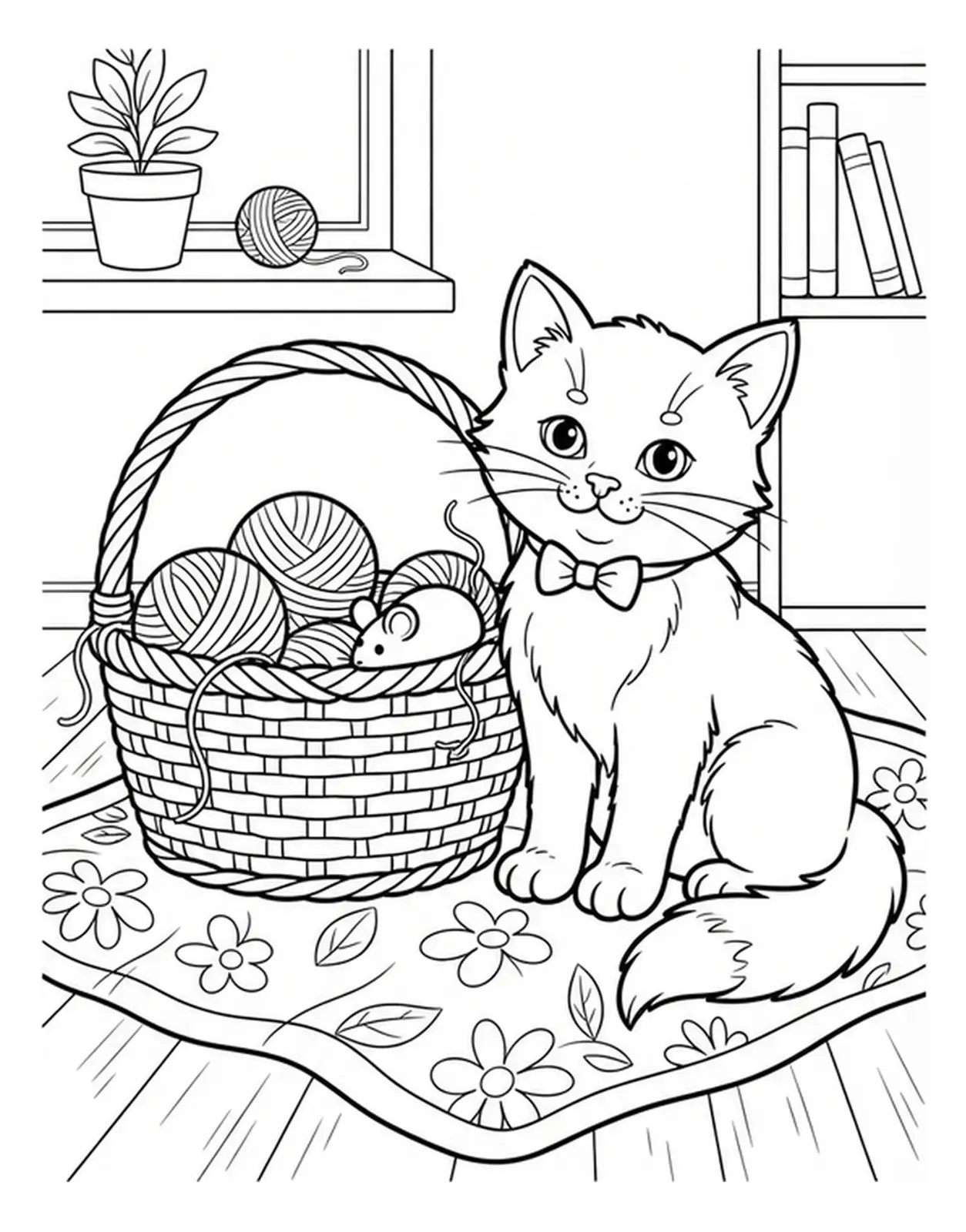 Cute kitten sitting next to a woven basket in a simple animal coloring design.