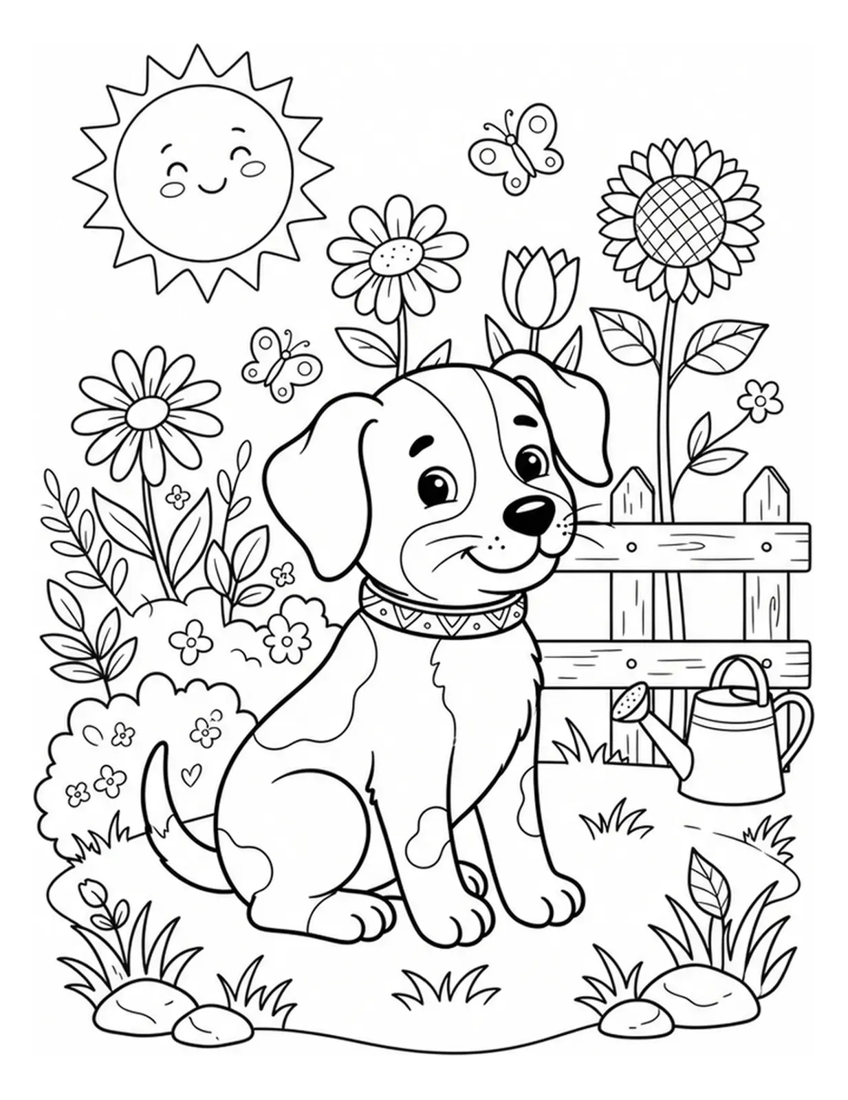 A friendly dog sitting in a garden surrounded by flowers and simple plants.