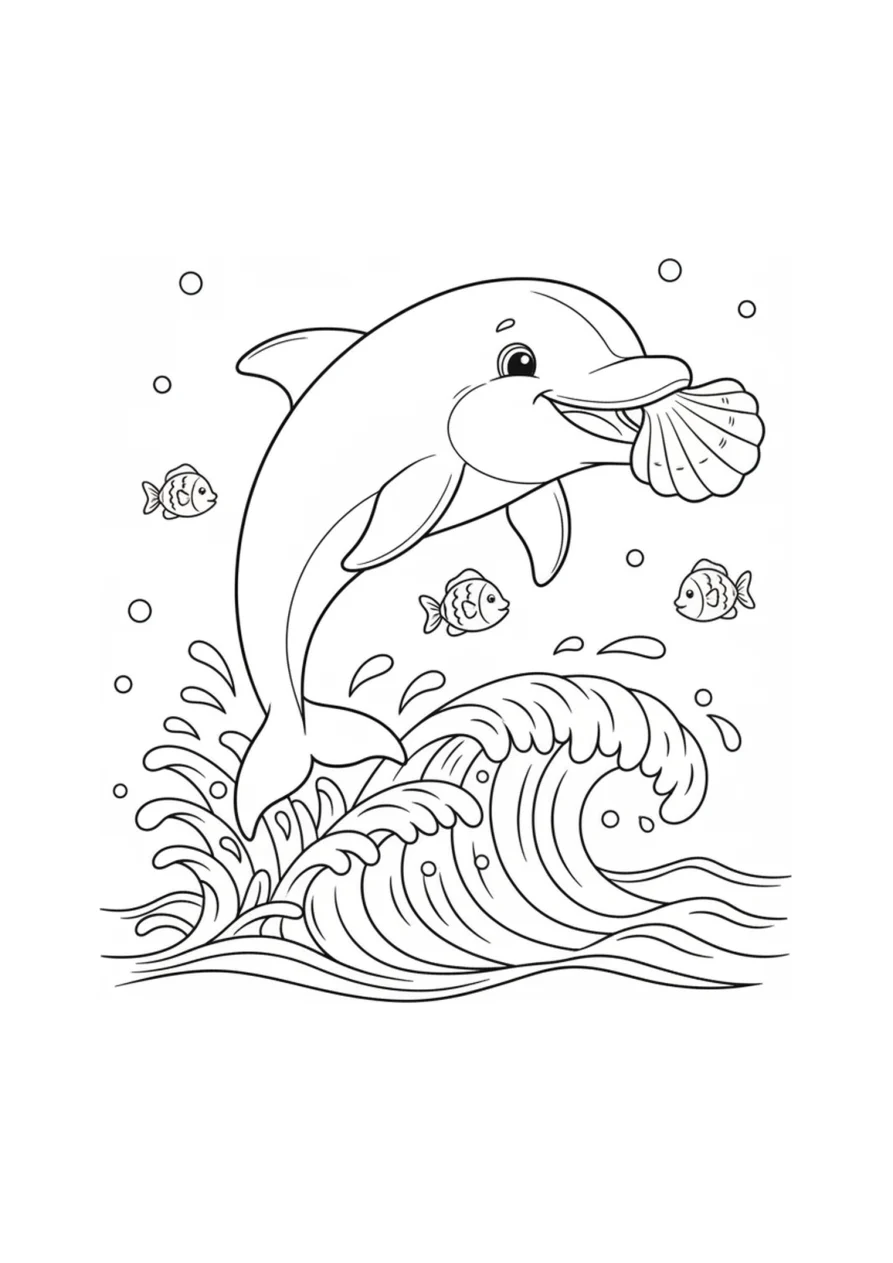 Dessin à colorier d'un dauphin souriant qui saute par-dessus des vagues avec un coquillage flottant à côté de lui